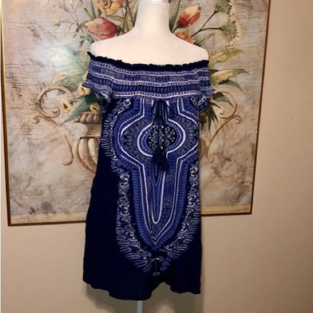 Sz M Band of Gypsies Coverup Smock Dress Off the Shoulder Blue Multiprint 861490